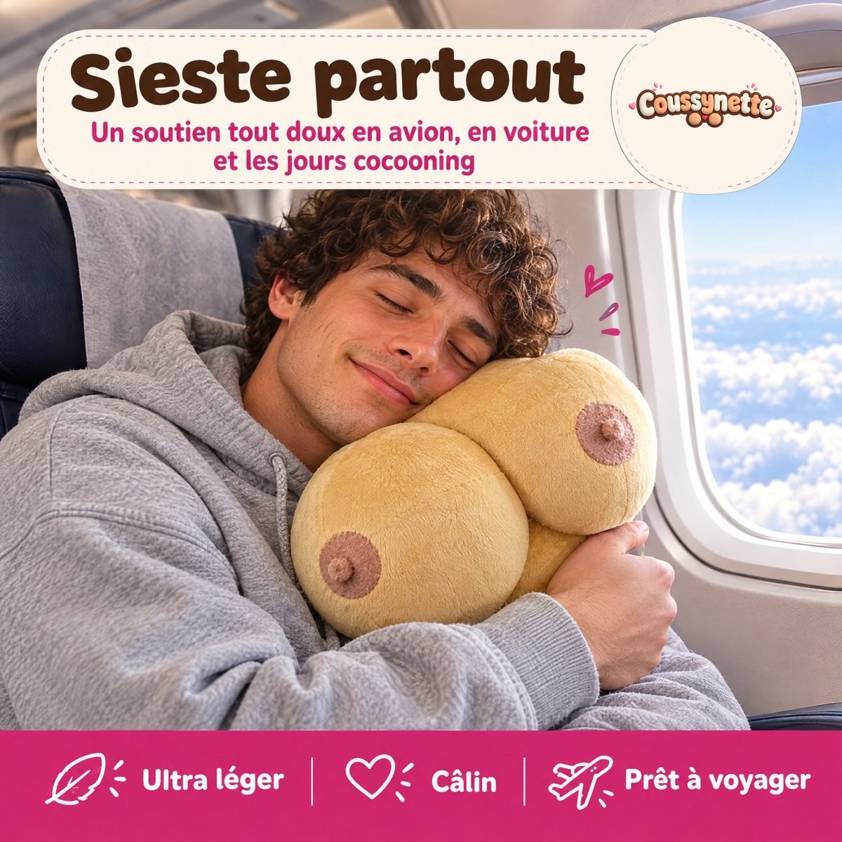 Sieste en avion avec Coussynette